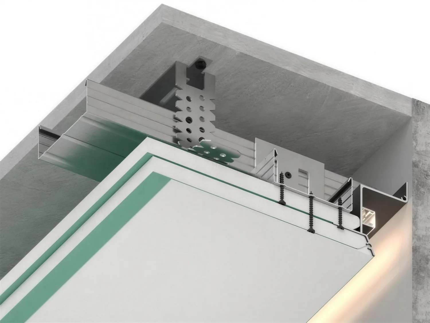 Soaring profile for drywall with illumination. Mounting to the wall.