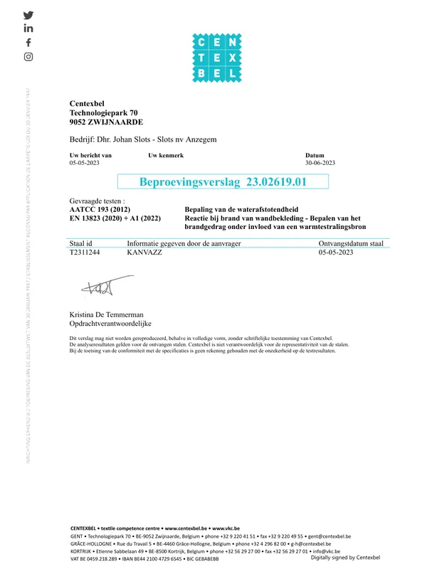 KANVAZZ · Water Repellence Certificate